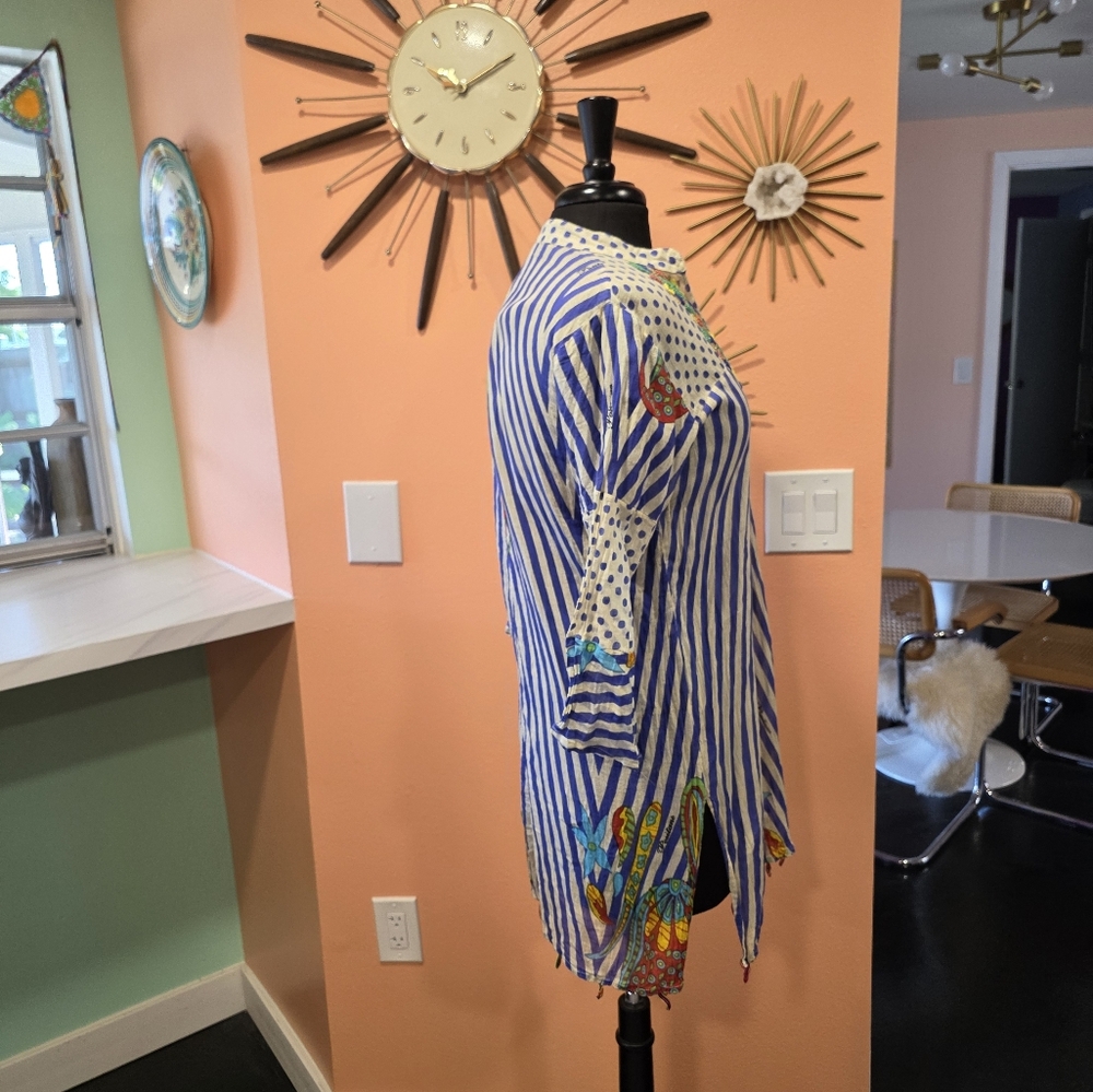 Positano By Jean Paul Small Blue & Cream Beaded Embellished V-Neck Tunic Top - Picture 7 of 16